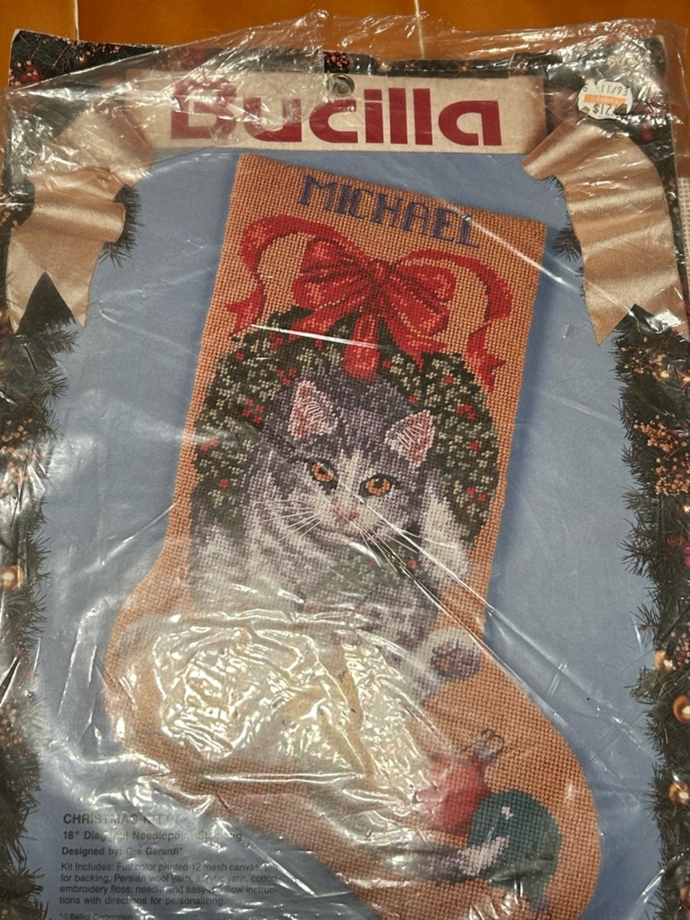 1993 Bucilla Christmas Kitty Needlepoint Stocking #60714 Cat 18” Open Package - Picture 2 of 10